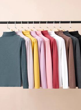 20533半高领纯色简约双面德绒打底衫宽松显瘦长袖T恤百搭保暖上衣