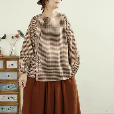 新款艺复古斜襟系带棉麻格纹衬衫