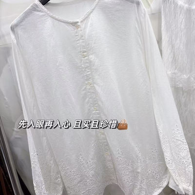 21150设森系蕾丝镂空定位刺绣全棉长袖衬衫单排扣圆领防晒服开衫