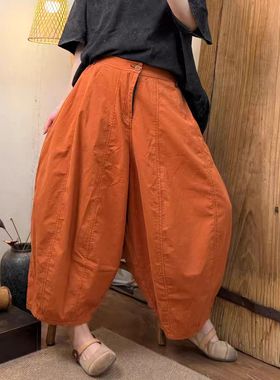 21051春季新款休闲百搭明线拼接简约文艺风薄款棉质灯笼裤哈伦裤