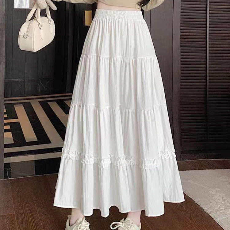 松紧腰木耳边拼接大裙摆半身裙女