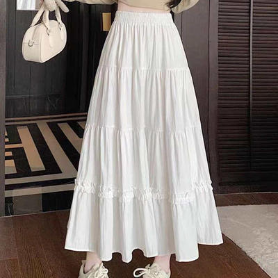 松紧腰木耳边拼接大裙摆半身裙女