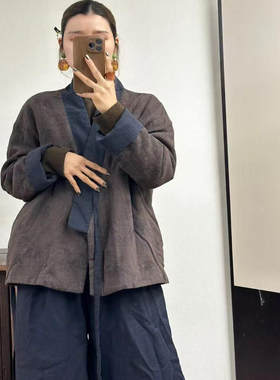 亚麻棉衣无扣系带显瘦棉服棉袄女
