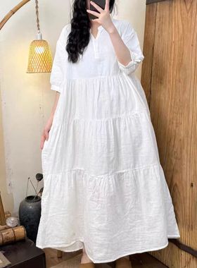 22970新款设计感V领双层棉纱泡泡短袖连衣裙纯色百搭显瘦减龄长裙