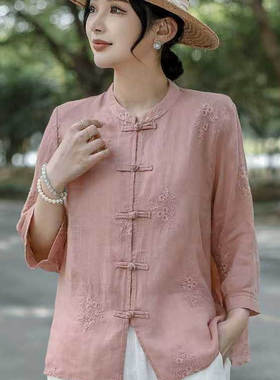 22291中式盘扣重工刺绣苎麻小衫国风单排扣衬衫满绣开衫薄防晒衣