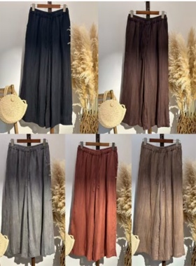 22362压皱扎染松紧腰抽绳双层苎麻莱赛尔阔腿裤长裤精包边休闲裤