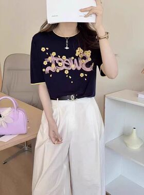 23308领口撞色设计宽松显瘦百搭短袖针织衫洋气减龄套头T恤上衣女