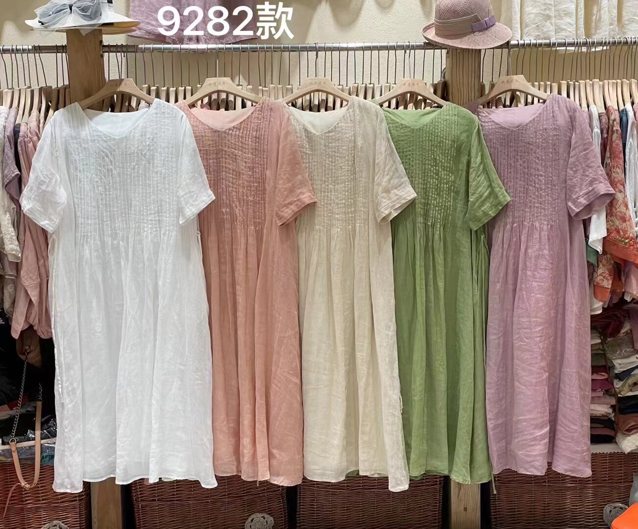 19635小莲~遮肚子肉风琴压褶双层苎麻连衣裙腰部系带显瘦捏褶长裙