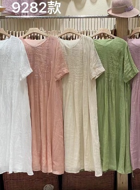 19635小莲~遮肚子肉风琴压褶双层苎麻连衣裙腰部系带显瘦捏褶长裙