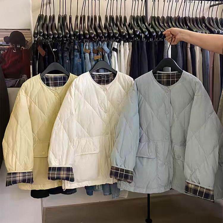 20709超好看韩系复古格子卷边袖菱格圆领羽绒服小个子白鸭绒外套,女装/女士精品,羽绒服,淘宝优惠券,粉丝福利购,淘宝优惠卷