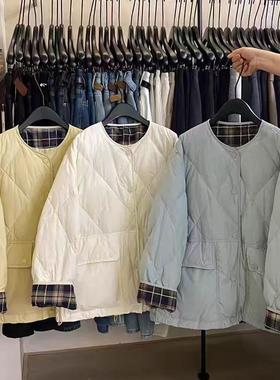 20709超好看韩系复古格子卷边袖菱格圆领羽绒服小个子白鸭绒外套