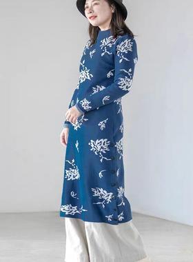20765高端显瘦旗袍连衣裙气质中长款复古印花针织连衣裙国风长裙