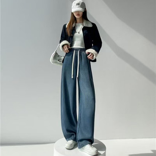 长裤 23403慵懒风分割线松紧腰加绒加厚软料牛仔裤 宽松百搭弯刀裤