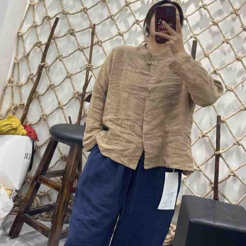纯色简约单排扣立领亚麻长袖衬衫