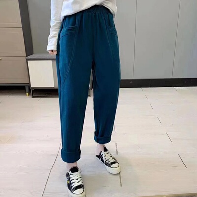 松紧腰棉质纯色大口袋哈伦裤长裤