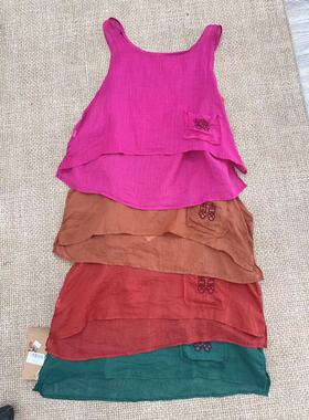 18594纯色百搭刺绣喜字苎麻背心大码宽松无袖纯色百搭叠穿吊带女