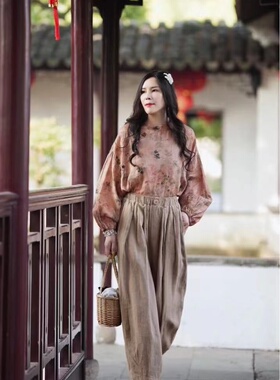 18261小莲~砂洗亚麻休闲长裤松紧腰一粒扣老爹裤宽松大版哈伦裤女