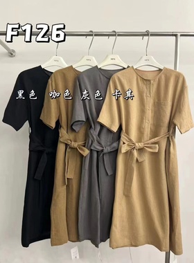 19362高级感圆领文艺范系带收腰亚麻连衣裙半开扣纯色简约套头裙