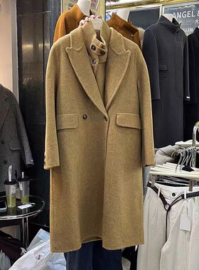 23526一衣三穿~赫本风西装领真两件套双面羊绒大衣长款呢子外套女