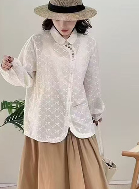 21148设计感彩扣偏襟森系减龄重工刺绣全棉长袖衬衫显瘦绣花衬衣