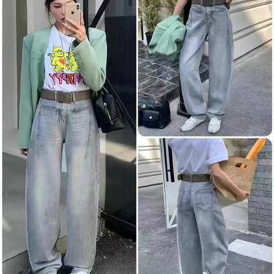 百搭春季新款高腰宽松牛仔阔腿裤