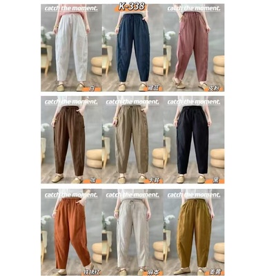 双侧盘扣亚麻休闲裤萝卜裤显瘦女