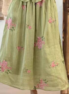 22618松紧腰刺绣100%纯苎麻双层半身裙百龄国风绣花飘逸A字裙半裙