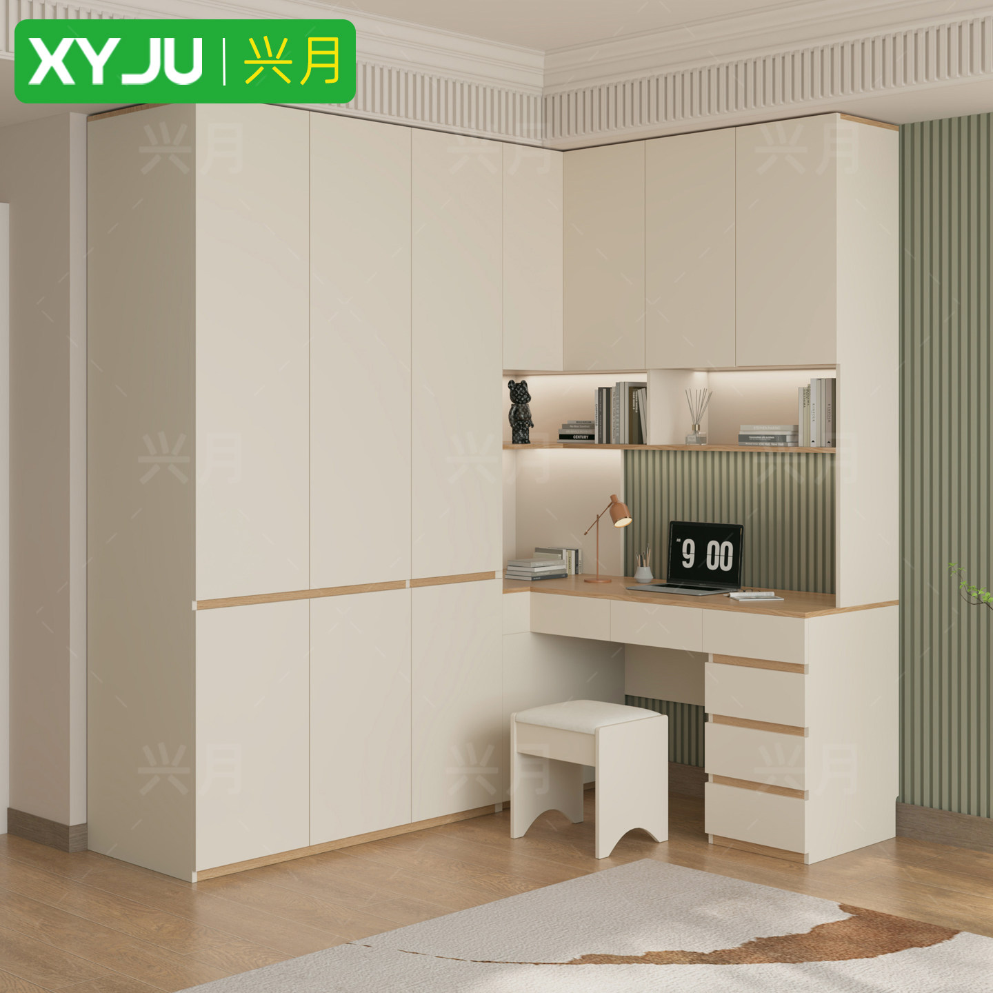 实木衣柜家用卧室L型转角衣柜书桌一体 橡木现代简约儿童电脑桌