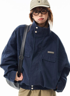 情侣美式复古做旧立领工装外套女2025春秋设计感宽松百搭飞行夹克
