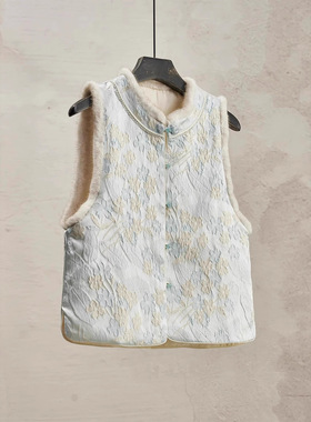 秋冬夹棉加厚国风新中式高级感马甲年轻少女感毛毛边提花背心坎肩