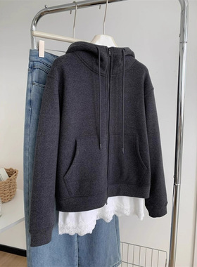 ins重磅加厚深灰色卫衣外套女气质慵懒保暖百搭秋冬连帽拉链开衫