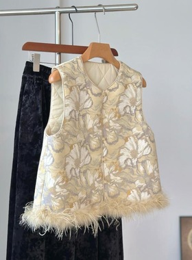 黄色国风马甲夹棉外穿毛毛下摆仙气减龄年轻款背心高级感新中式