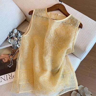 夏季夏款设计感新中式钉珠刺绣欧根纱圆领上衣女重工气质显瘦马甲