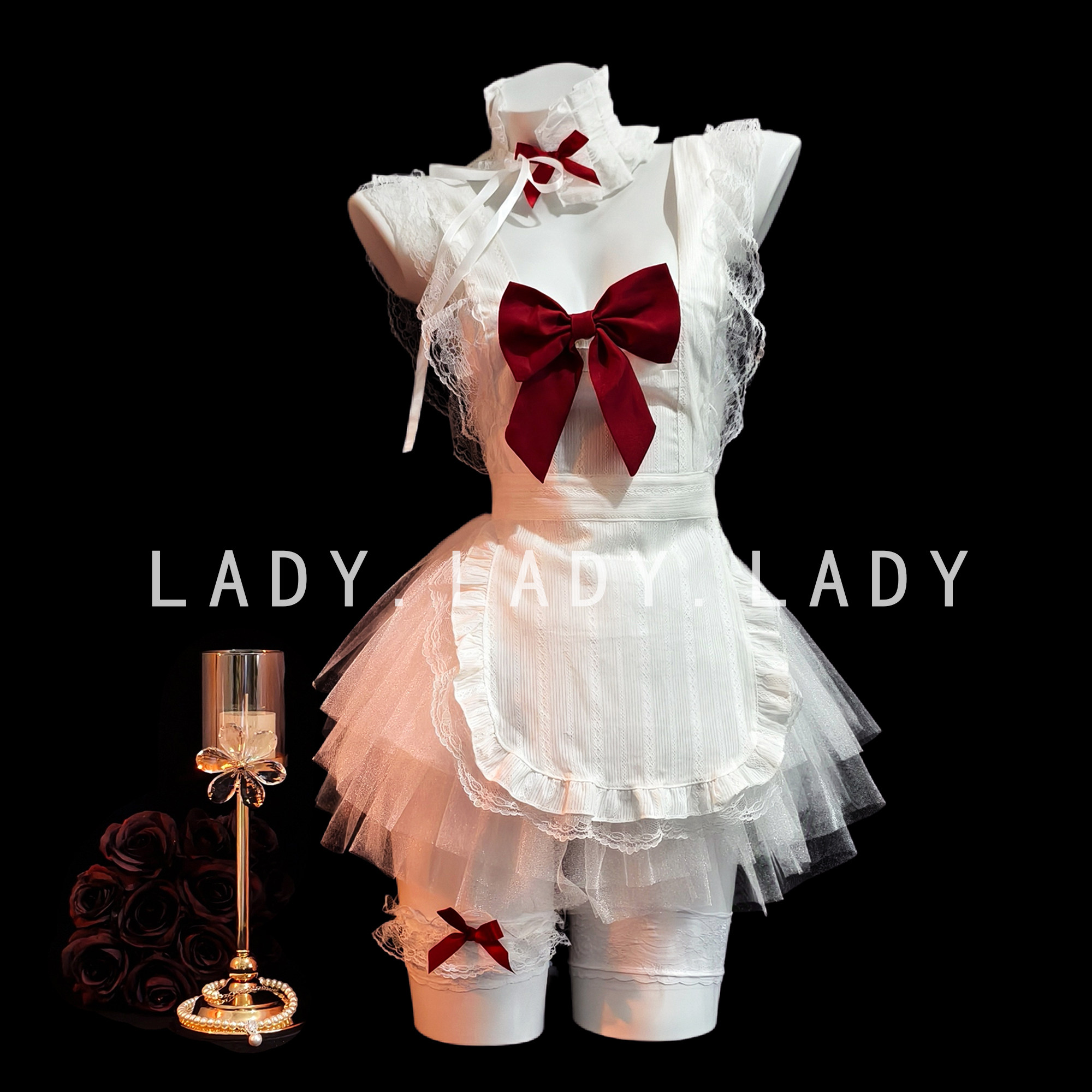 Lady白色性感cos女仆制服睡裙纯欲可爱甜美蕾丝蝴蝶结蓬蓬裙qqny