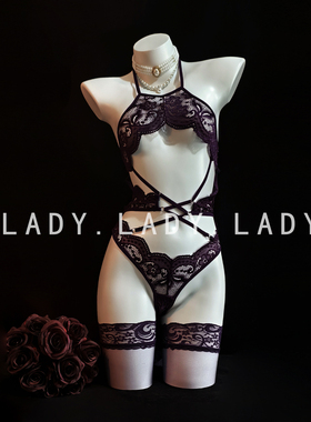 Lady性感睡衣蕾丝镂空御姐纯欲挂脖连体紫色趣情约会战袍qqny内衣