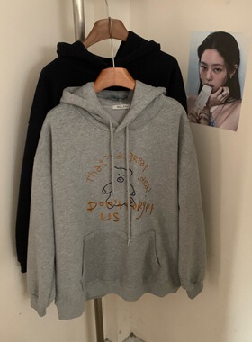 韩系25年冬款 奥利绒宽松连帽韩版加绒卫衣小熊女士上衣包臀帽衫