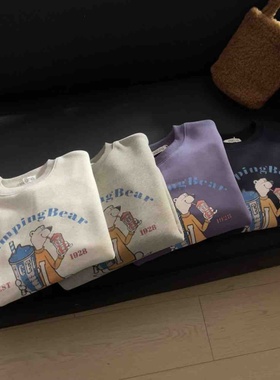 韩系25年冬 可爱印花汽水熊短款女生加绒卫衣小个子宽松上衣长袖