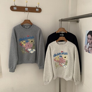 东大门26年春新款 刺绣花朵宽松韩版短款长袖女士卫衣圆领韩系T恤