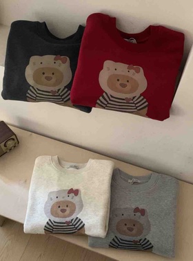 韩国25冬短款 女生卡通条纹熊宽松加绒卫衣小个子女士上衣长袖T恤
