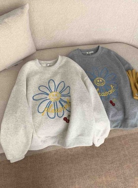 韩系26年春款刺绣雏菊女士宽松韩版圆领长袖卫衣女短款小个子上衣