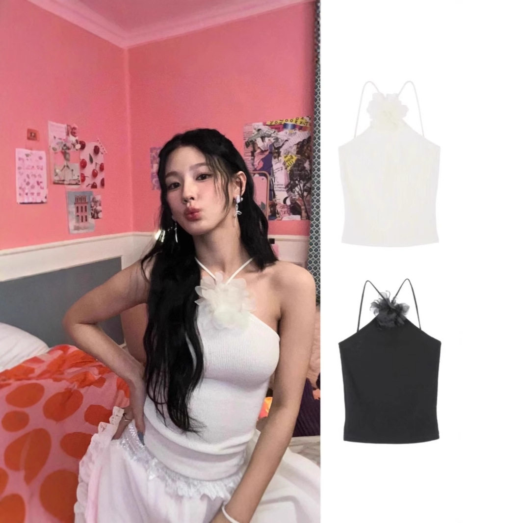 现货 赵美延金玟庭同款韩国小众ASURA网纱花朵挂脖抹胸吊带背心