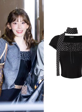 宫胁咲良 ASA同款HILLDA韩国设计品牌拼色方领波点短袖T恤上衣女
