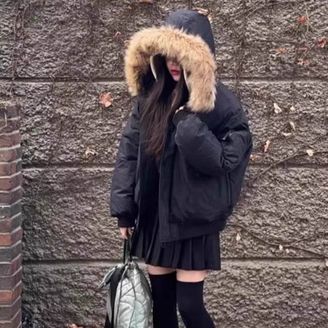 韩版字母派克服毛领羽绒服外套潮