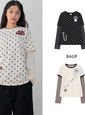 现货~韩国BAUF设计师品牌休闲风波点图案假两件长袖T恤女韩系ins