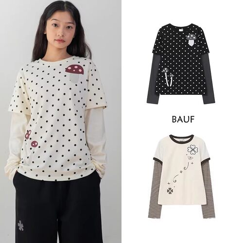 超韩系！BAUF波点图案假两件长袖