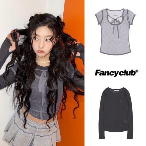 Haneul同款 FANCY CLUB韩国小众潮牌微透套指袖波点系带长袖T恤
