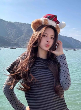 韩国小众潮牌nocontent 杨超越同款Multi条纹波点假两件长袖T恤