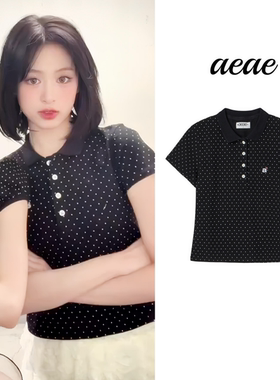 现货Ahyeon郑雅娴同款aeae韩国设计品牌 波点POLO领短款短袖T恤女