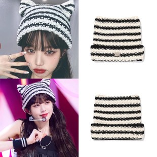 特价现货韩国IVE张元英同款FALLETT猫耳朵猫咪条纹毛线针织帽秋冬