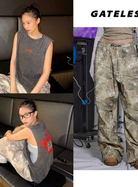Jennie金智妮同款韩国gateless做旧泼墨迷彩宽松工装裤宽松休闲裤